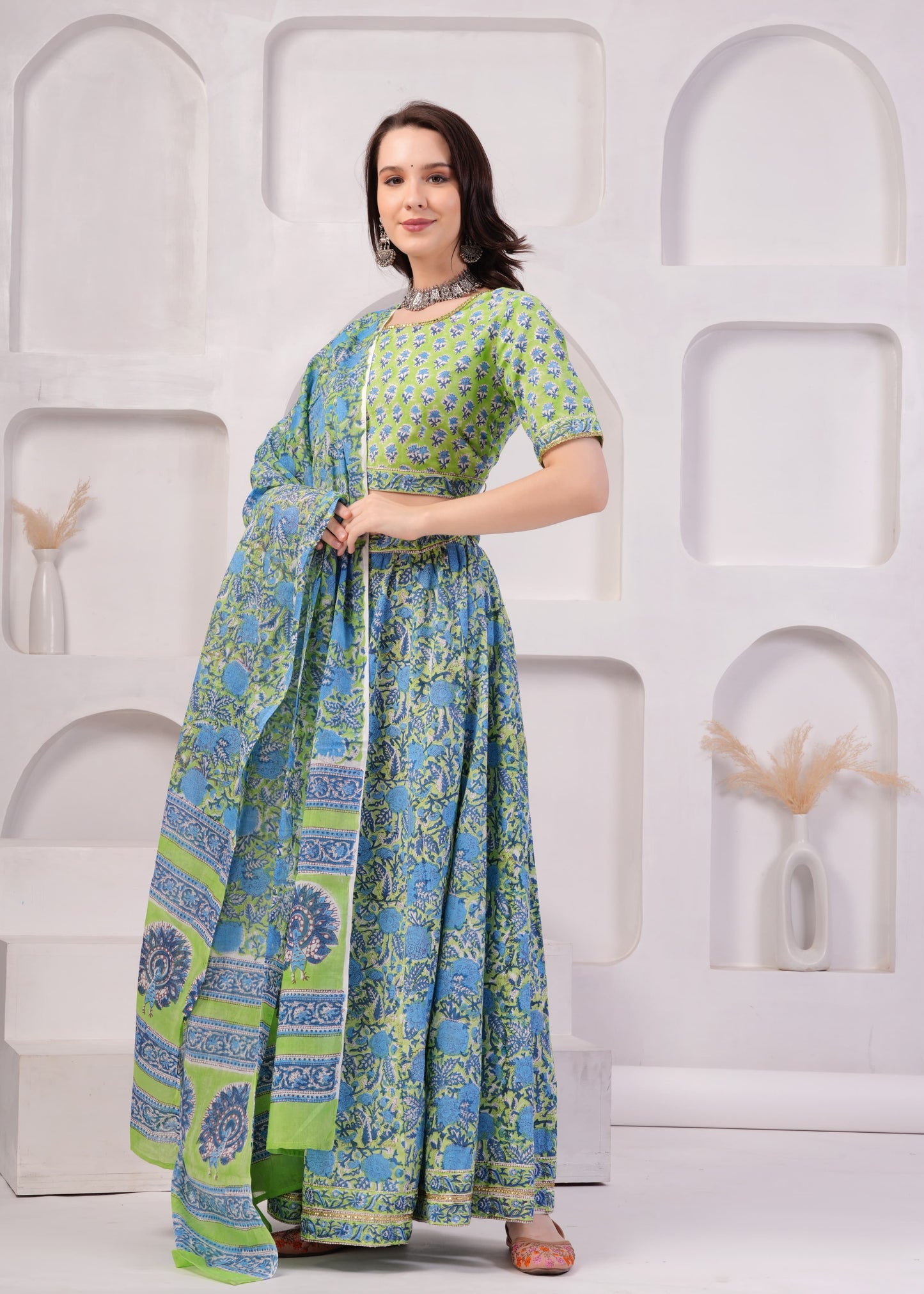 Hydrangea green Mul Cotton Lehenga Set