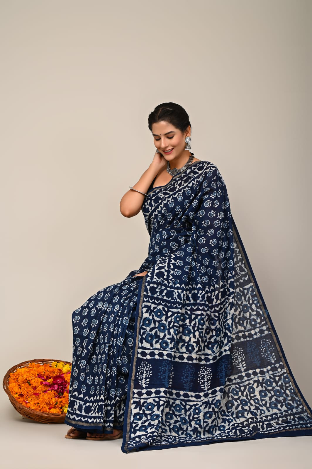 Indigo Block Chanderi Silk saree