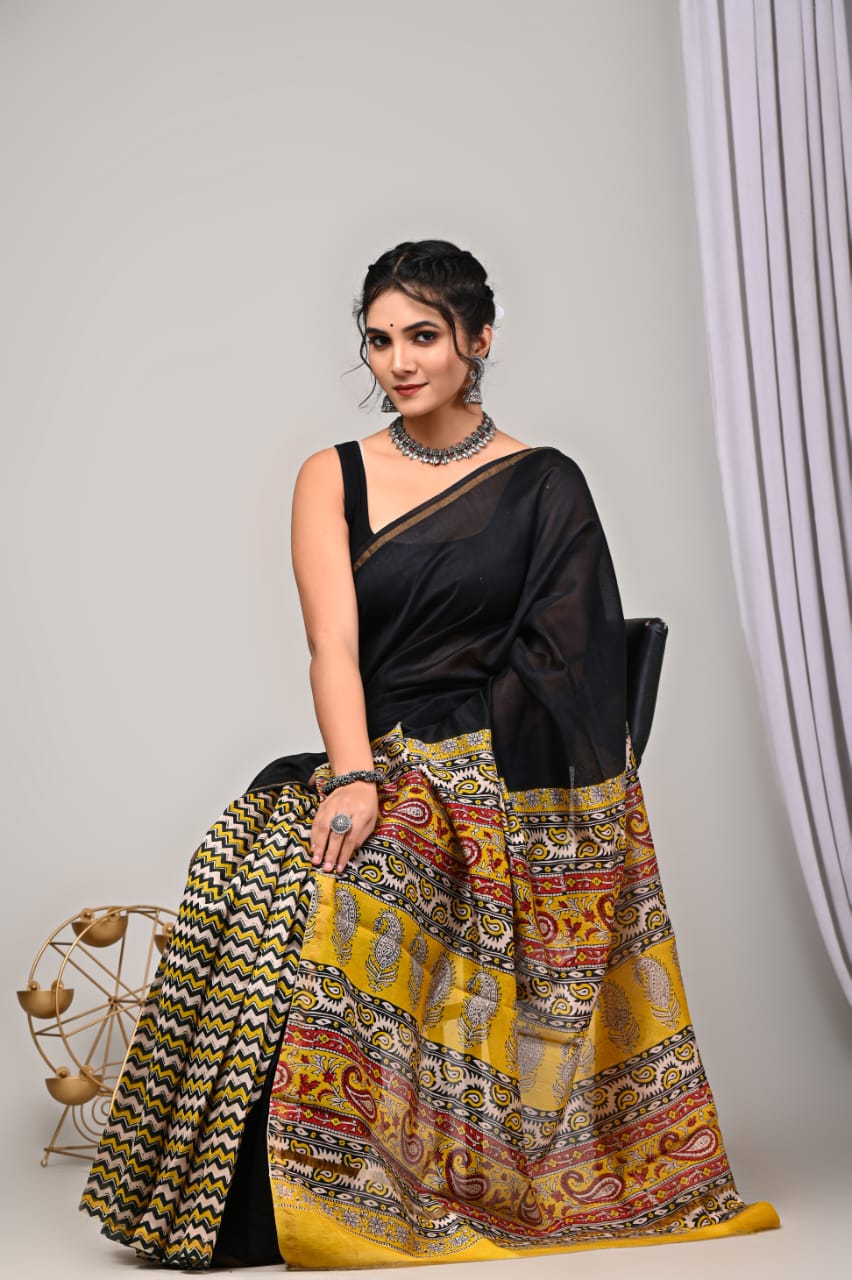 Black Block Chanderi Silk saree