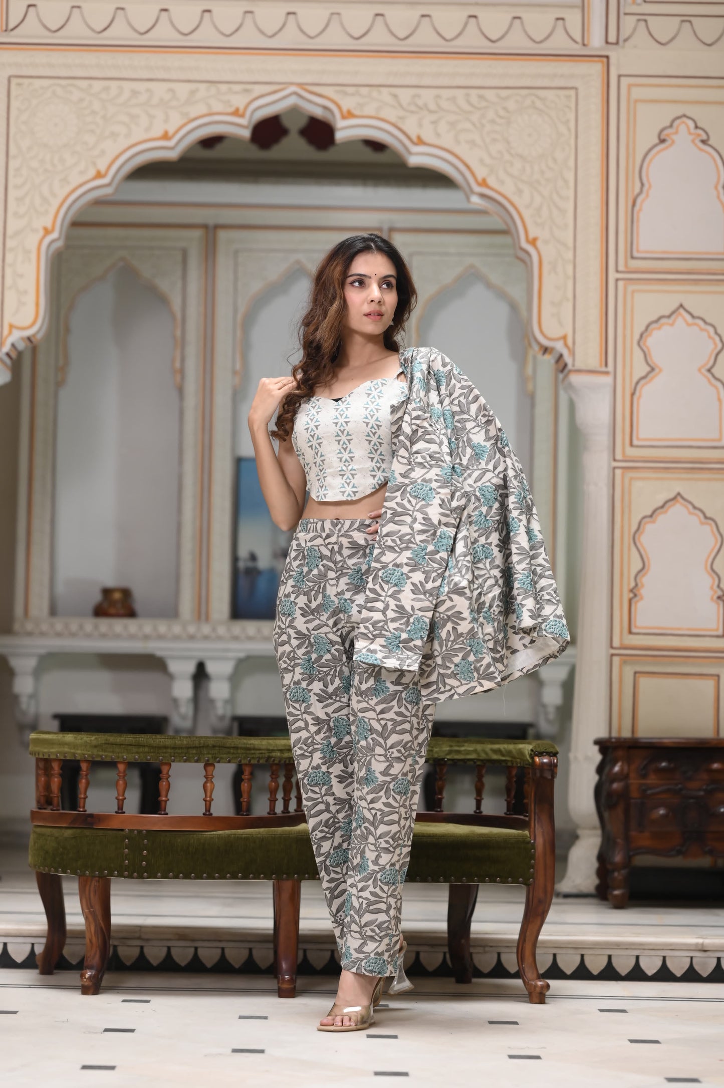 Pastel Floral Coat & Trousers Set For Women