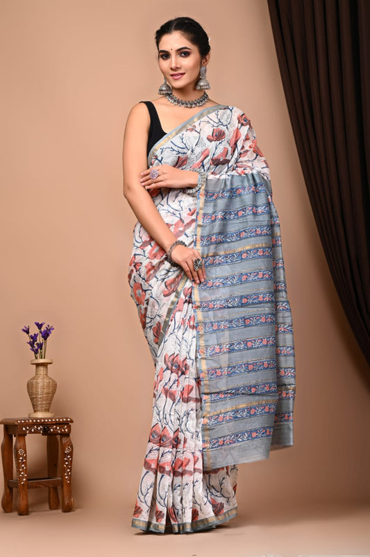 Tulip block printed Chanderi Silk saree