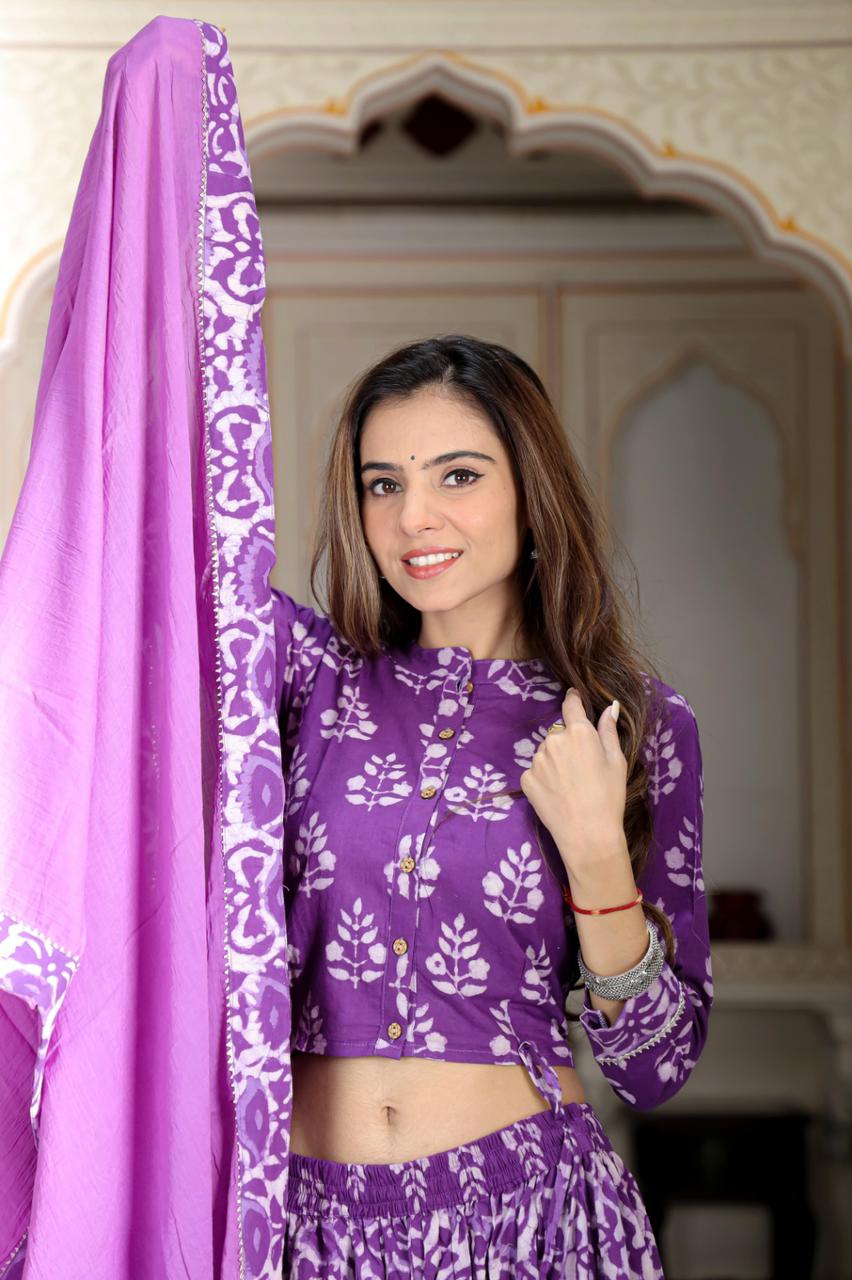 Floral Mul Cotton Lehenga Set in purple