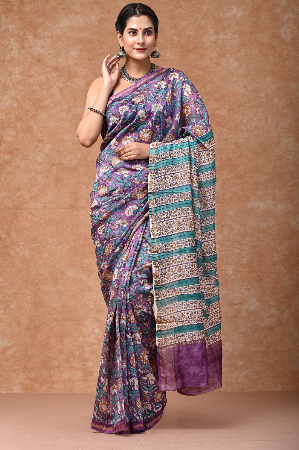 Floral bright block printed Chanderi Silk saree