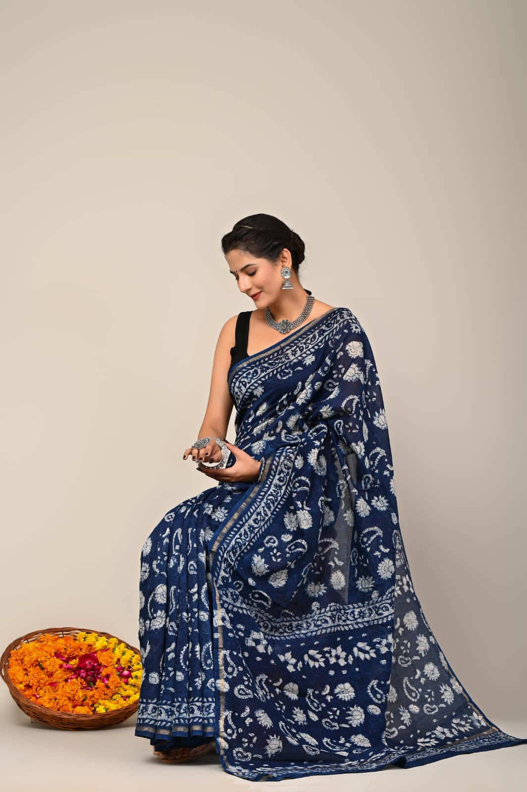 Indigo Block Chanderi Silk saree