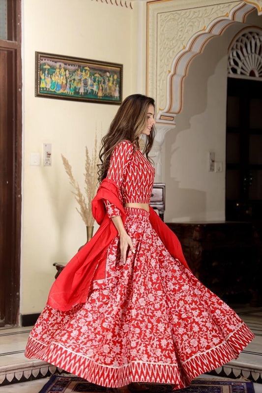 Coral Red Mul Cotton Lehenga Set