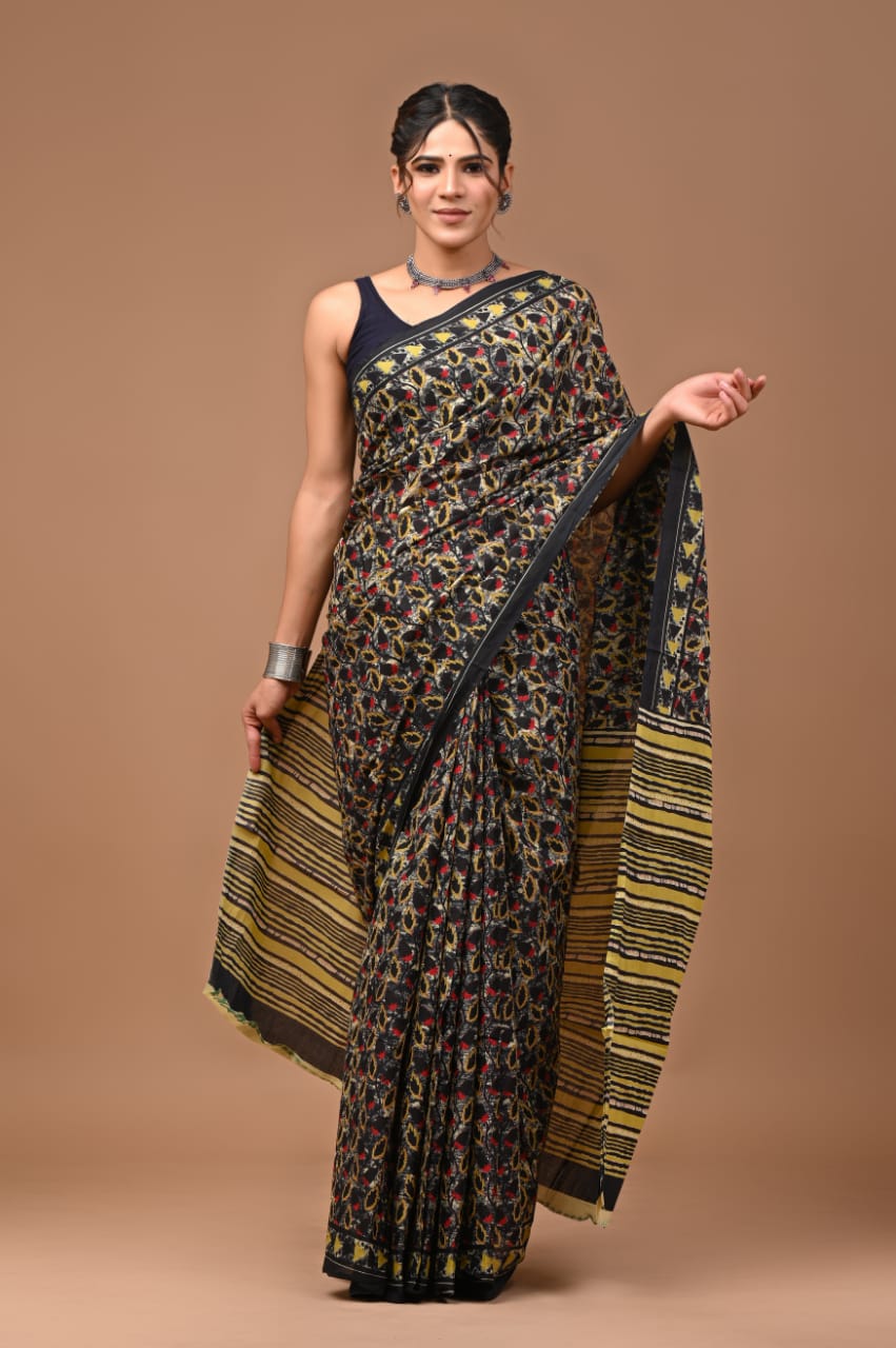 Quirky black floral Mul Cotton Saree