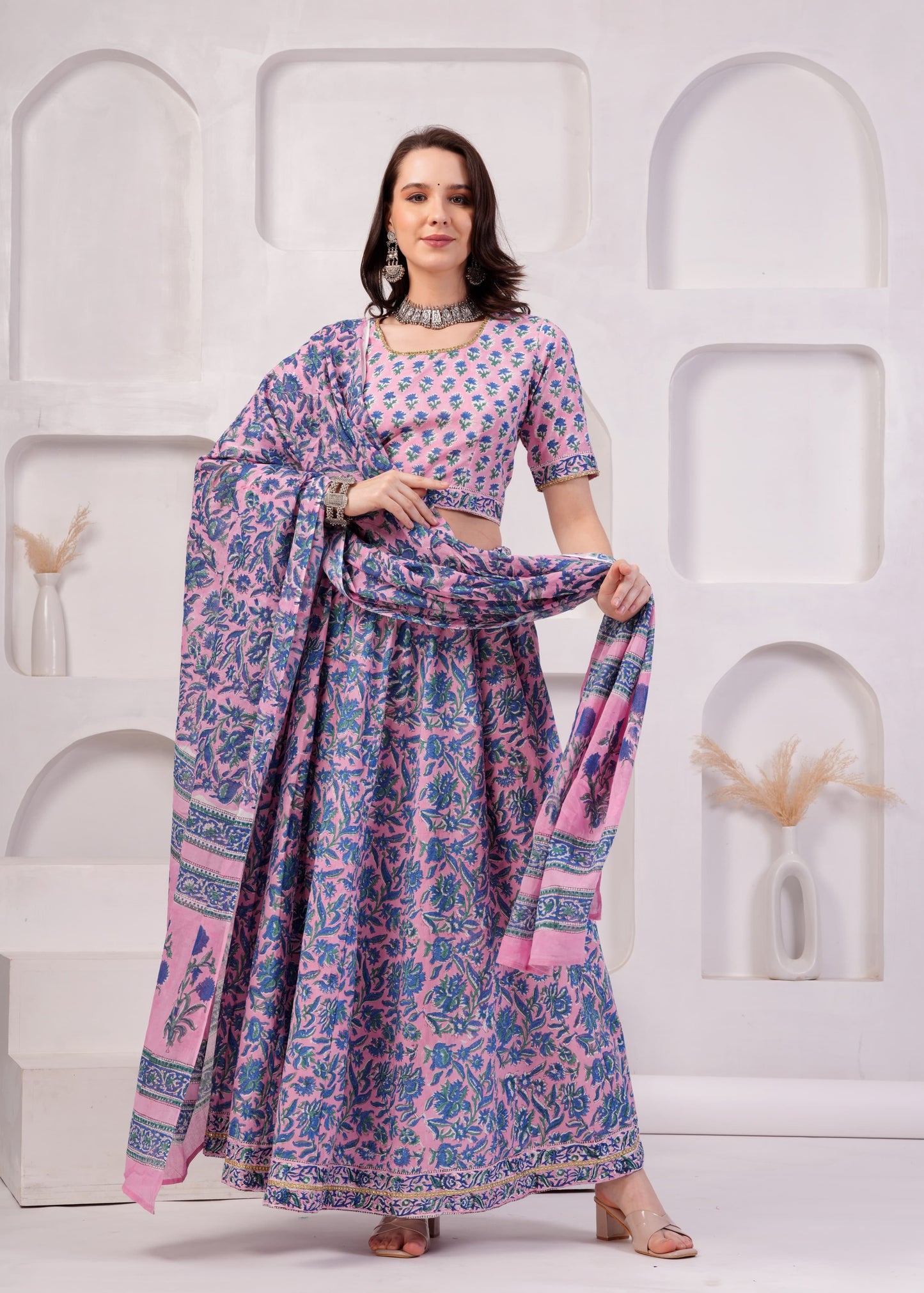 Hydrangea pink Cotton Lehenga Set