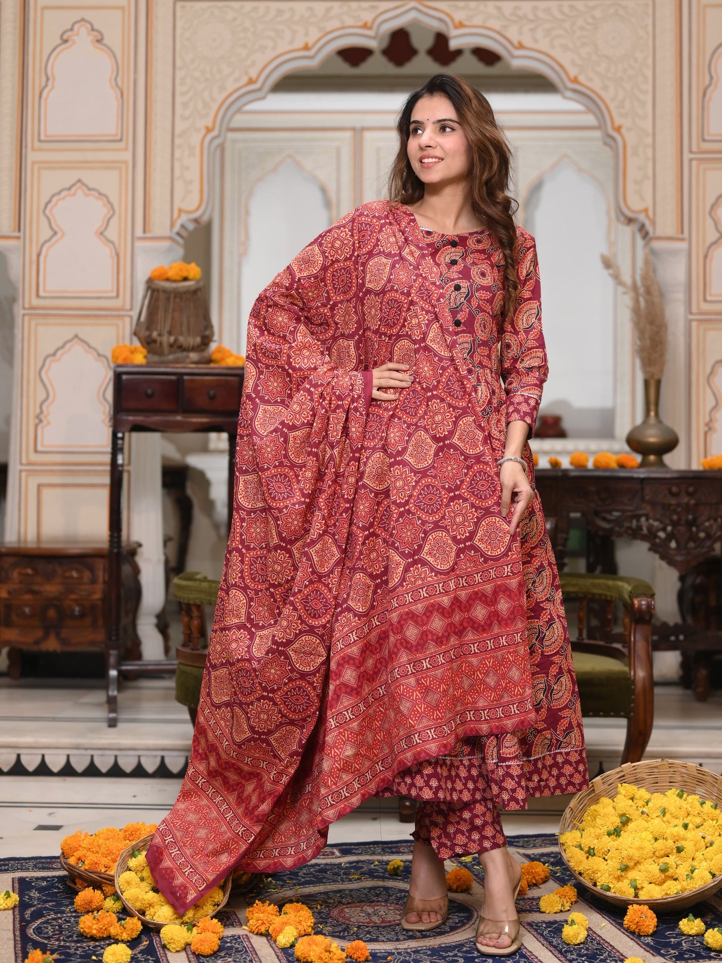 Brick red Ajrakh Mul Cotton Anarkali Suits