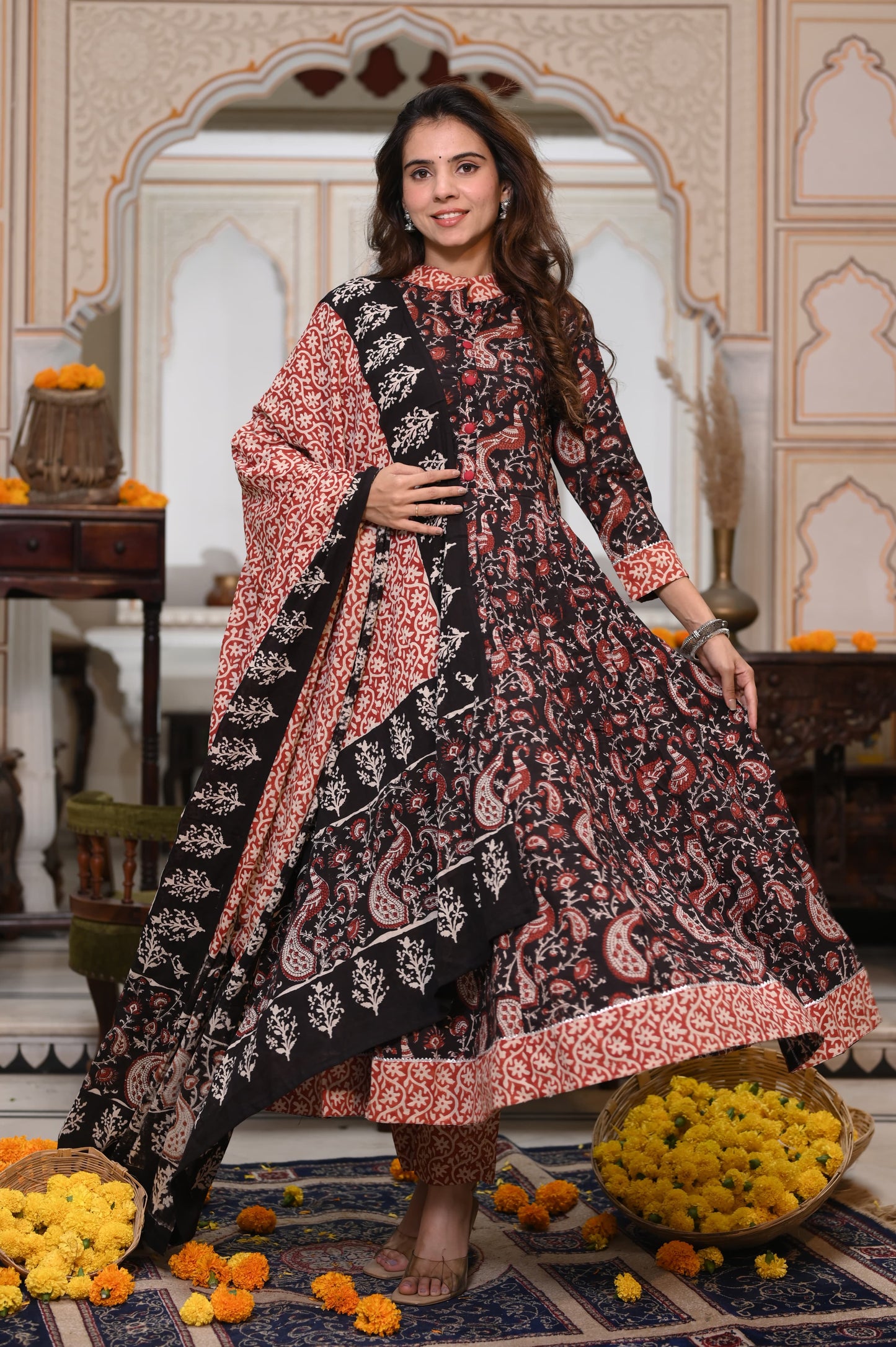 Black Ajrakh Mul Cotton Anarkali Suits