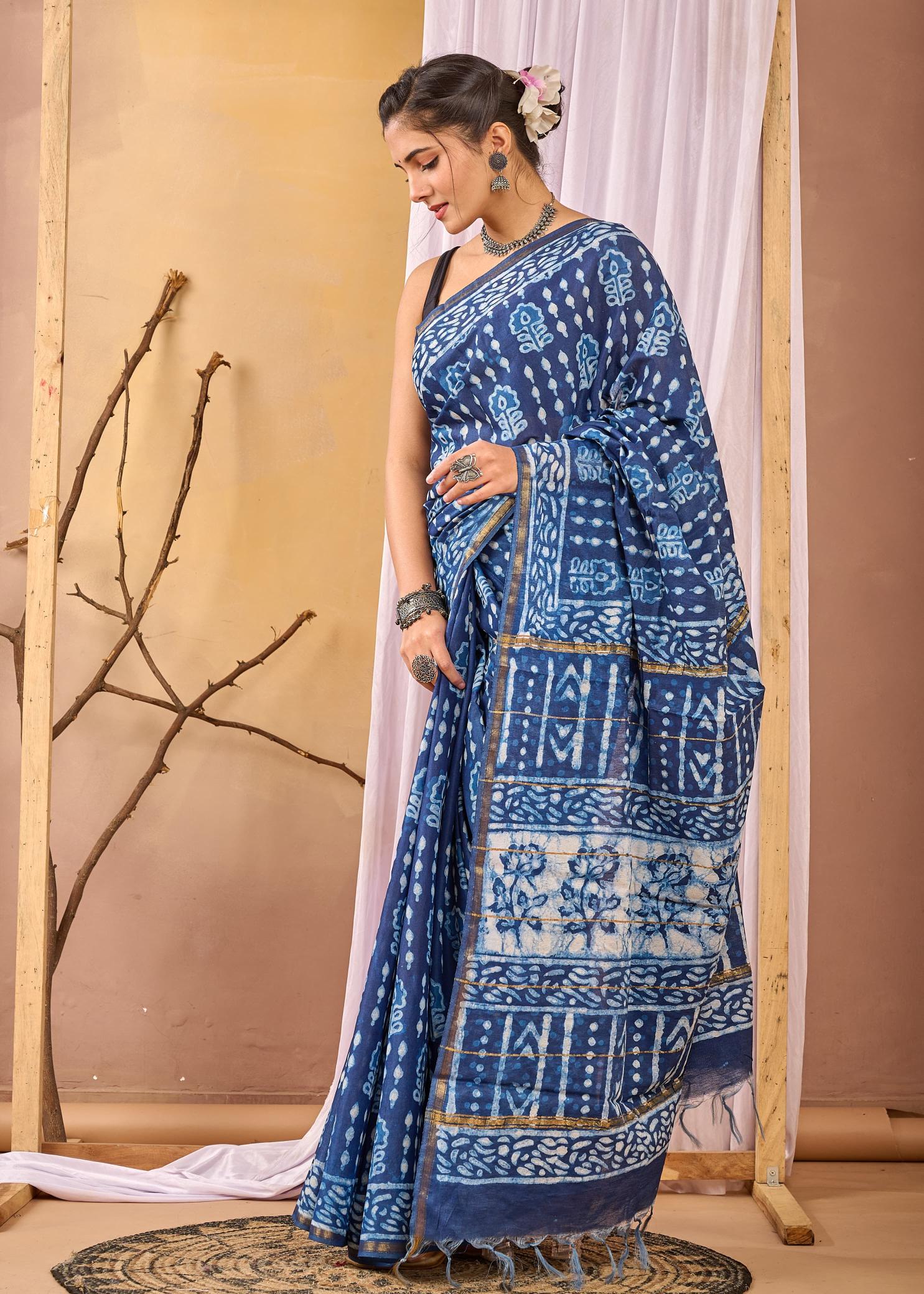 Abstract Floral Indigo Chanderi Silk Saree, Natural Chanderi Silk Saree, Indigo Chanderi Silk Saree, Indigo Sarees, Natural Indigo Sarees, Handmade Indigo Sarees, Block printed Indigo Sarees, sarees for Women