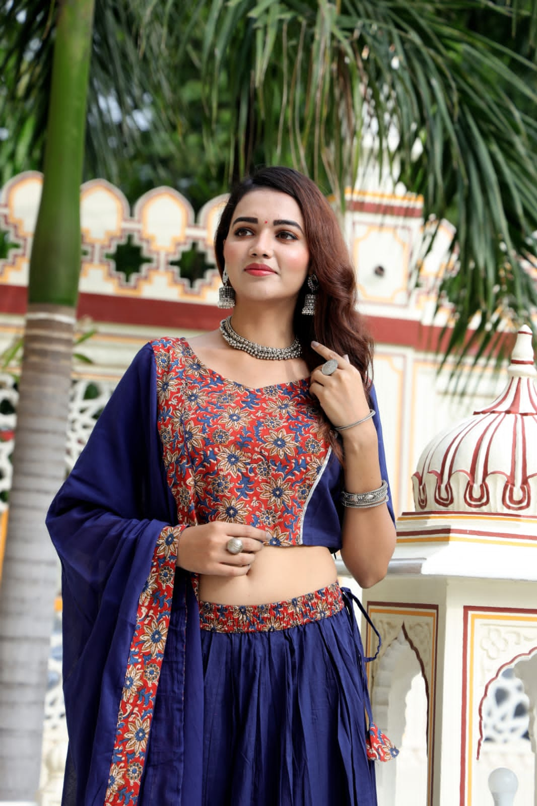 Dark Blue block printed Mul Cotton Lehenga Set