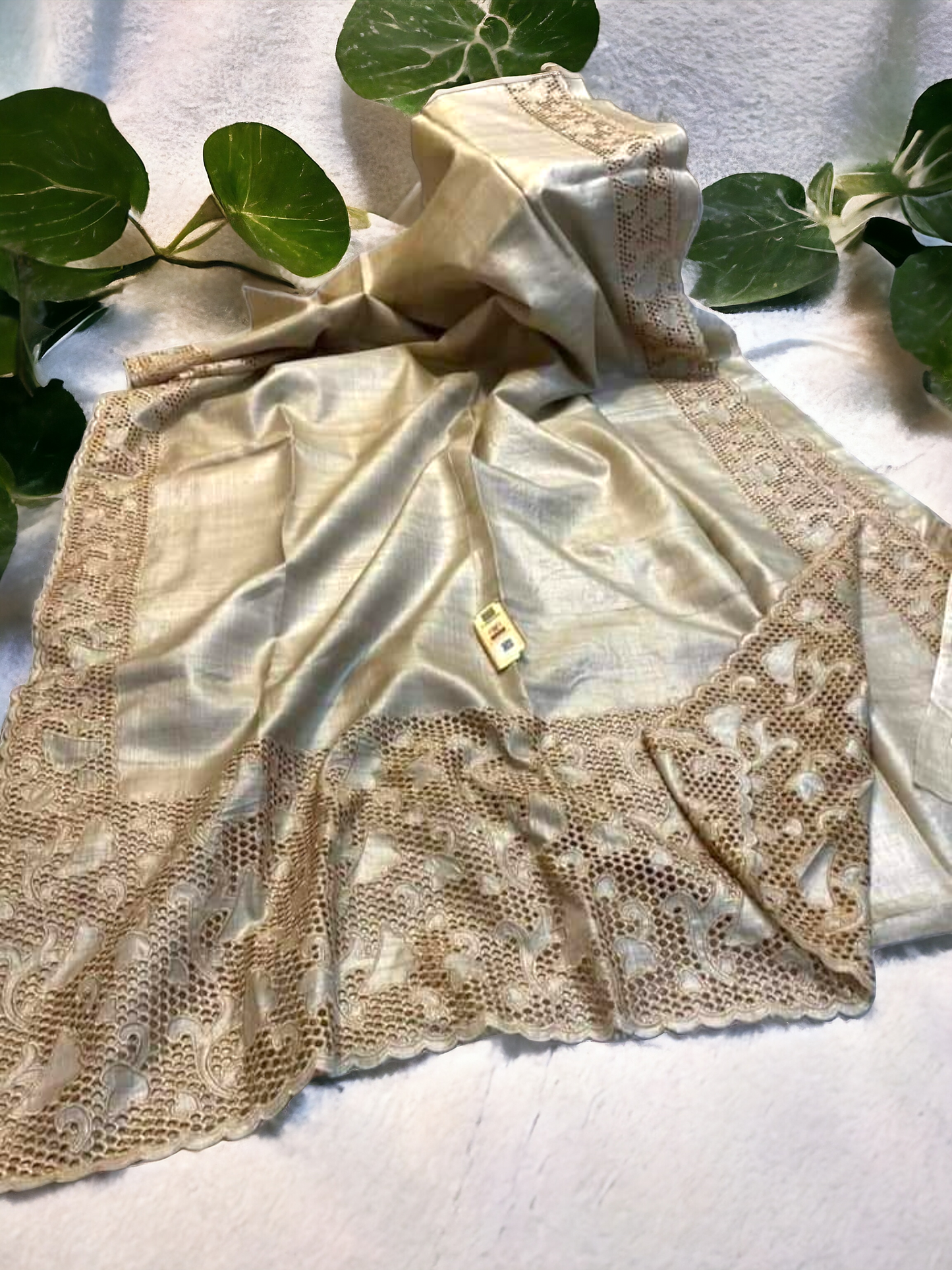 Pure Tussar Silk Embroidered Abstract Cutwork Sarees