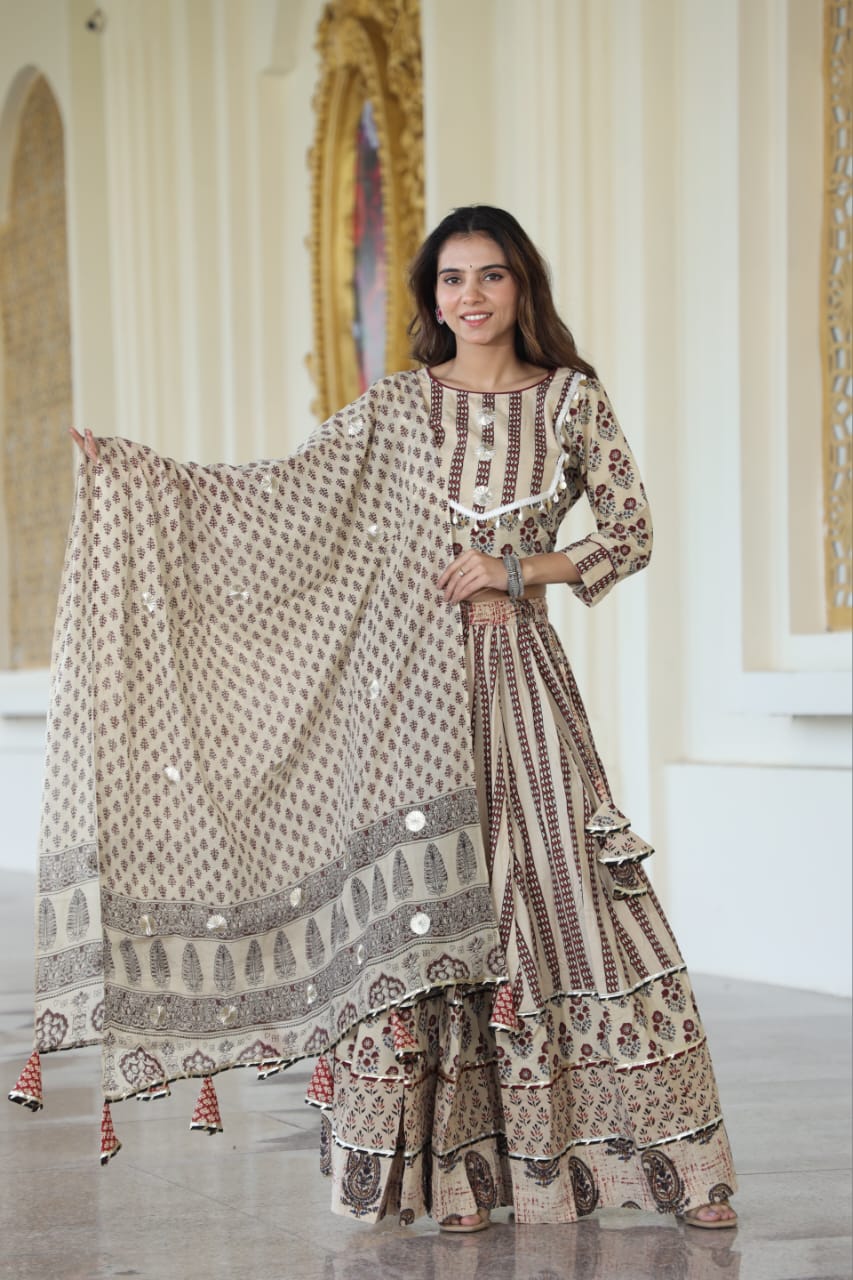 Frappe Shade Mul Cotton Lehenga Set with Block prints