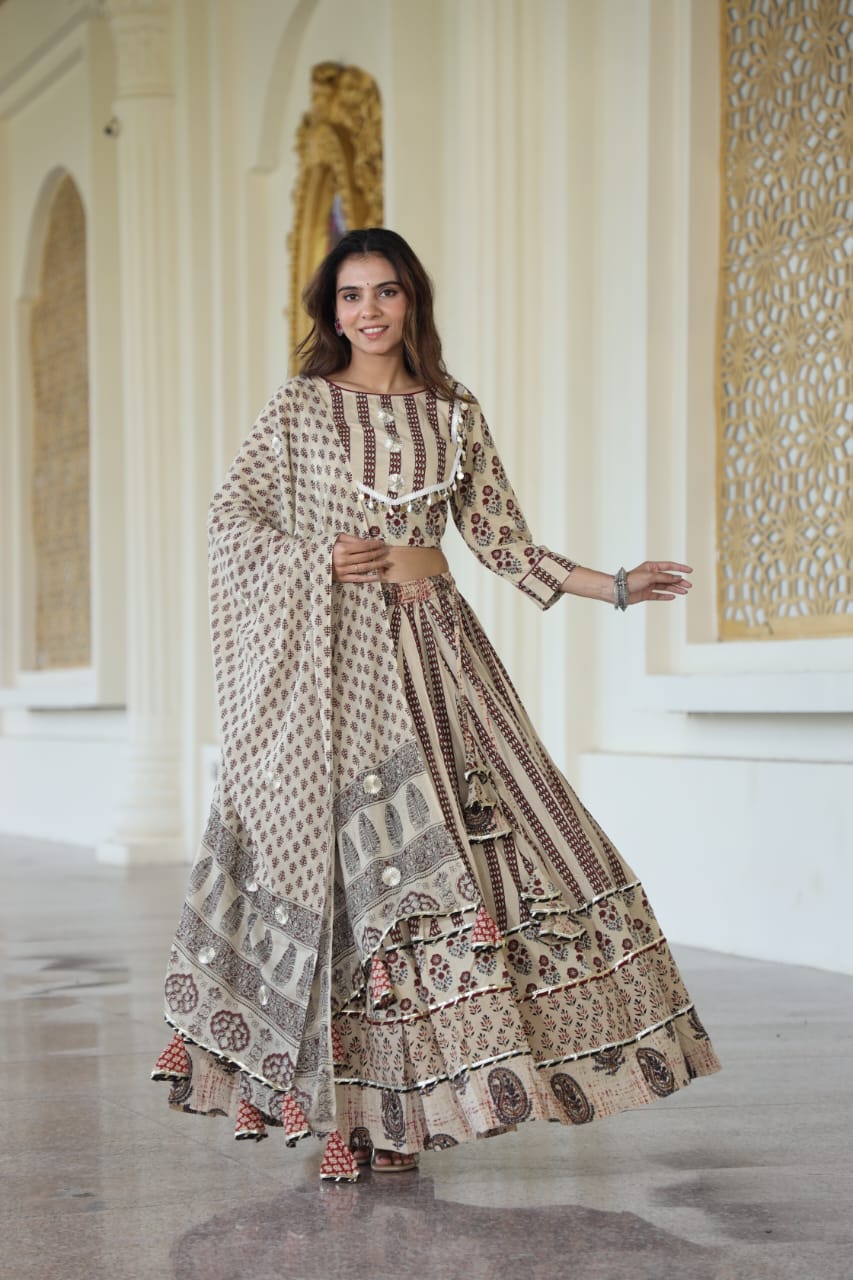 Frappe Shade Mul Cotton Lehenga Set with Block prints