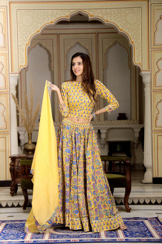 Pastel yellow Mul Cotton Lehenga Set