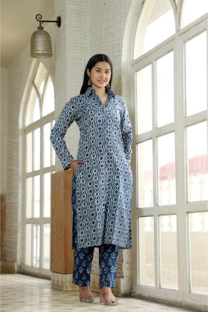 Blue Cotton Shirt Collar Kurta Pant Set