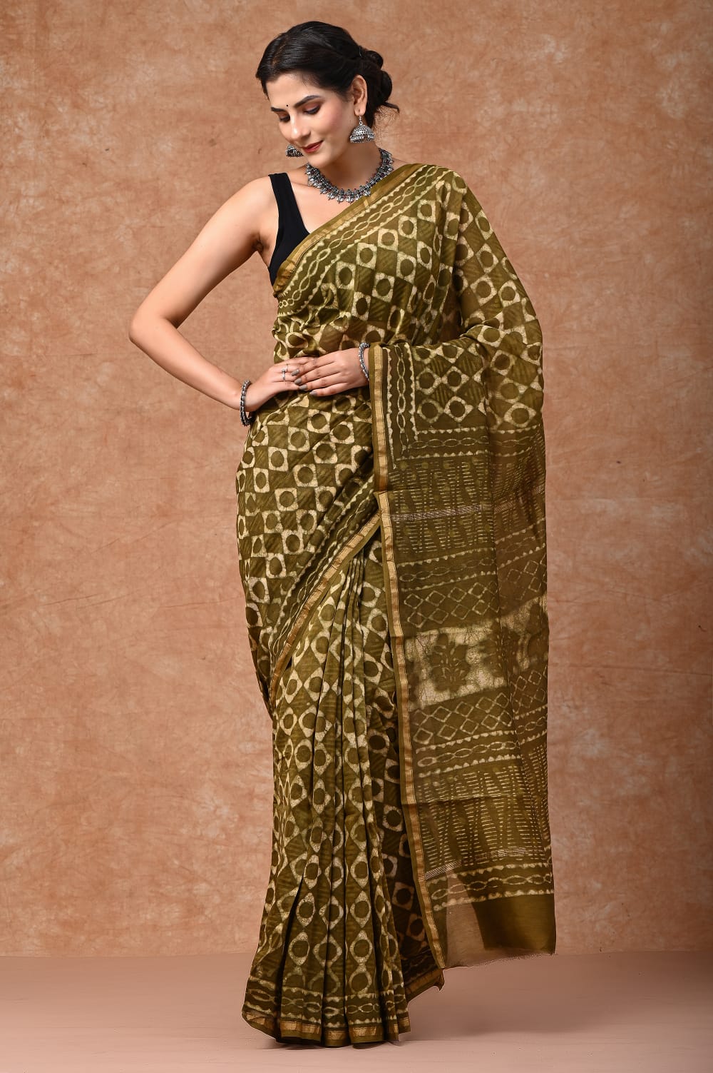 Floral bright block printed Chanderi Silk saree