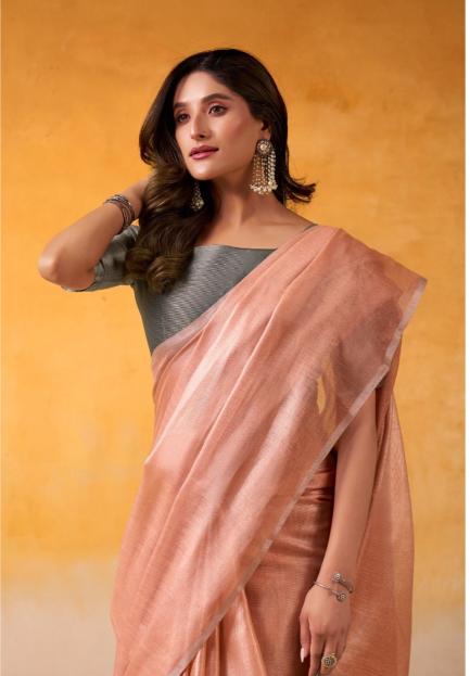 Peach Silk Saree, Peach Tissue Silk saree, Durga puja Silk sarees, Handloom Tissue Silk saree, Salmon Peach saree, Ranga Chakra Saree