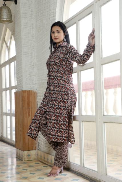 Black prints Cotton Shirt Collar Kurta coord Set