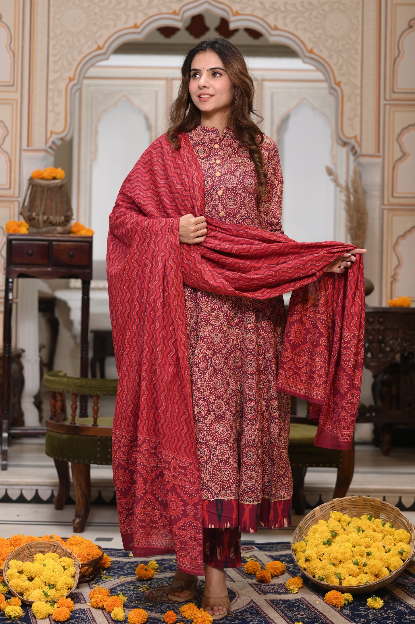 Brick red Ajrakh Mul Cotton Anarkali Suits