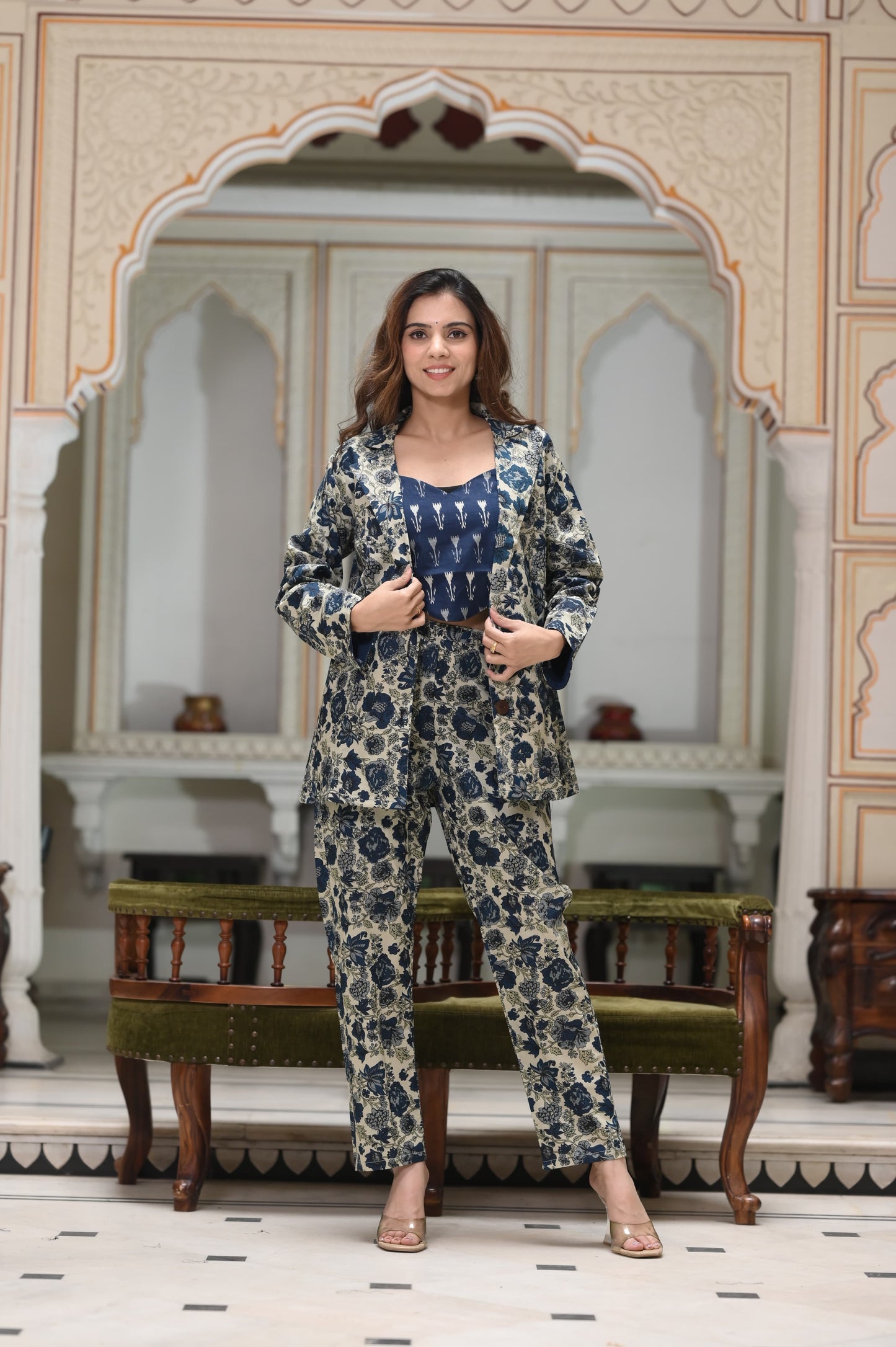 Blue Flower Coat & Trousers Set For Women