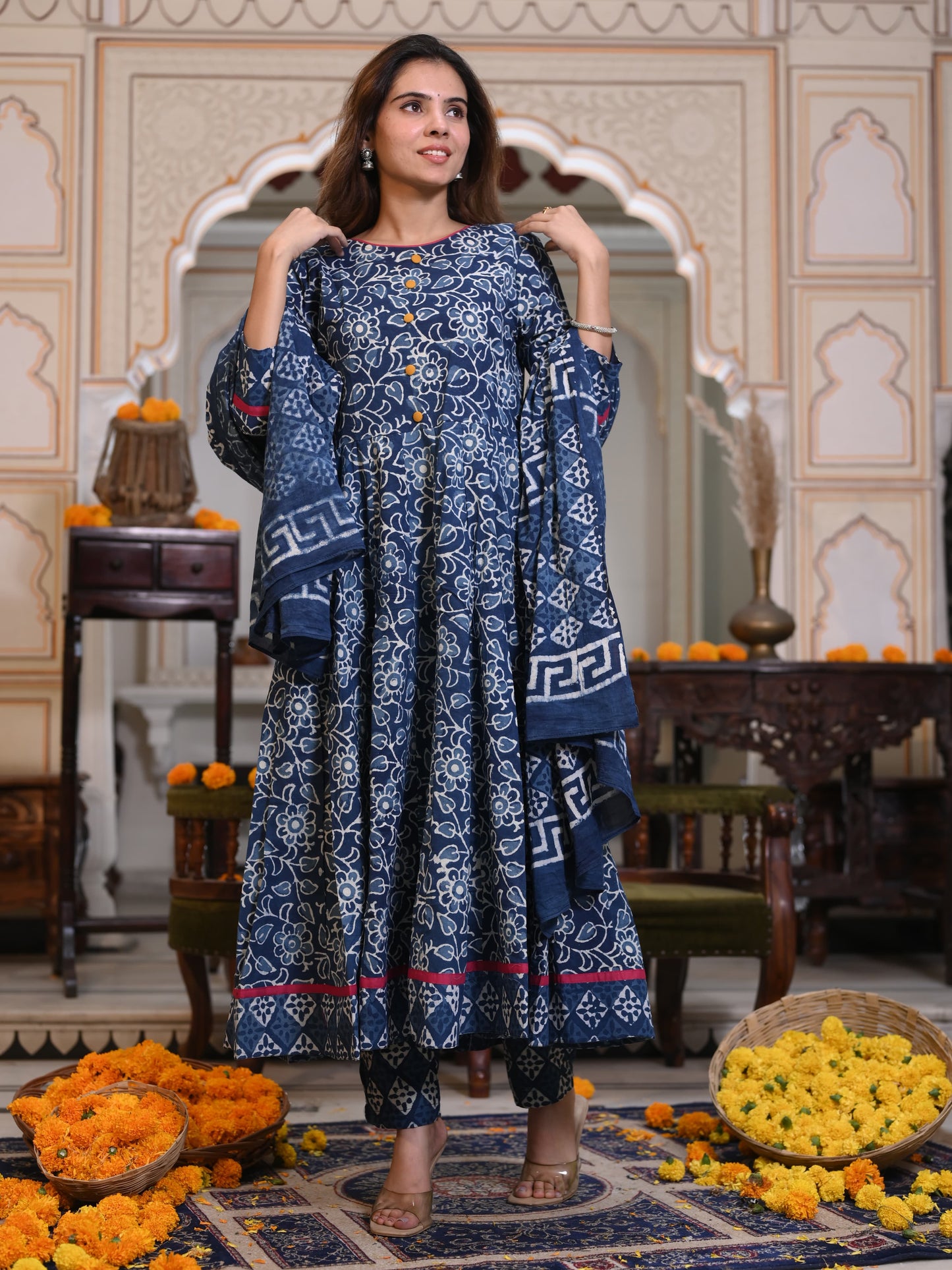 Indigo Ajrakh Mul Cotton Anarkali Suits