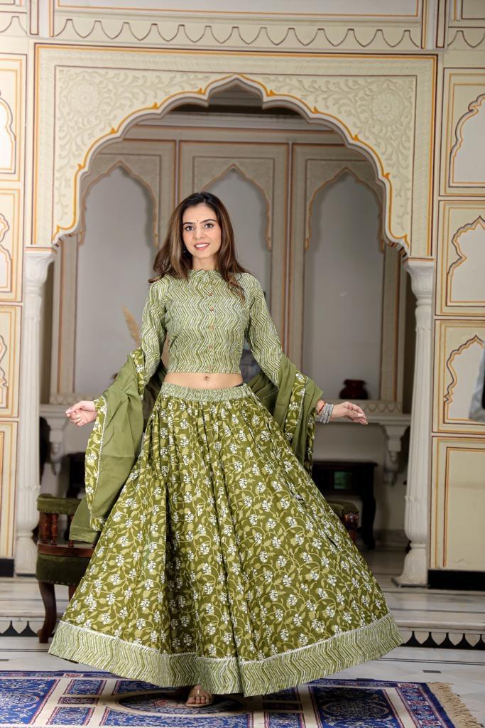 Olive Mul Cotton Lehenga Set