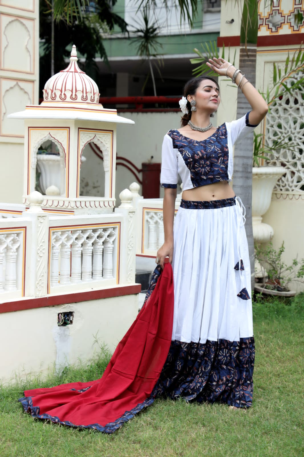 Mul Cotton Lehenga Set in white and blue combo