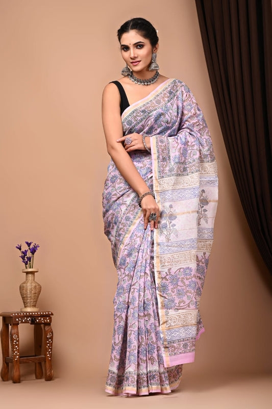 Floral Mughal block printed Chanderi Silk saree