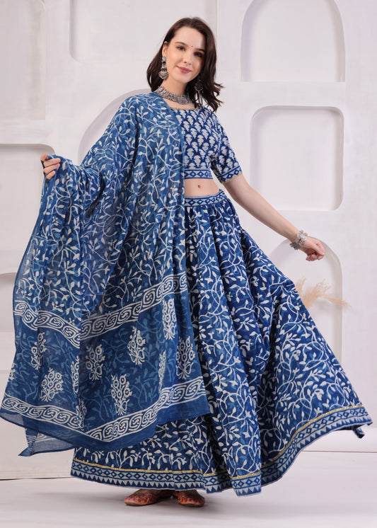 Indigo block printed Mul Cotton Lehenga Set