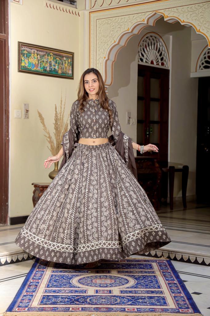 Mocha Brown Mul Cotton Lehenga Set