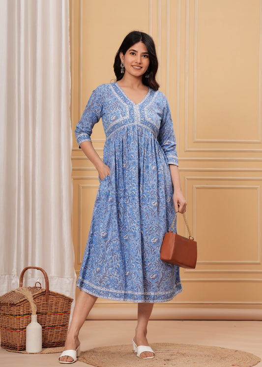 Blue Pea Flower Cotton Dress