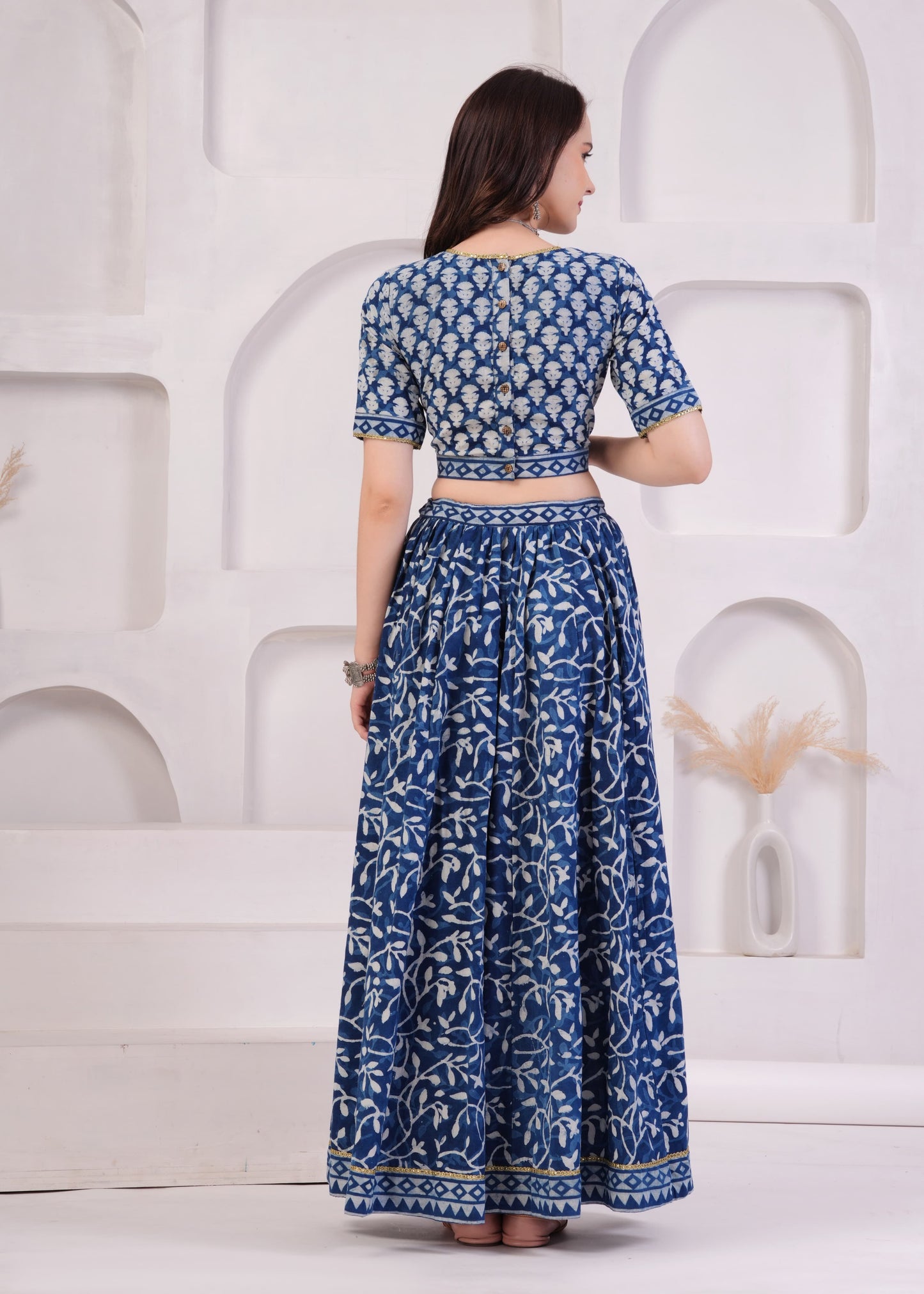 Indigo block printed Mul Cotton Lehenga Set