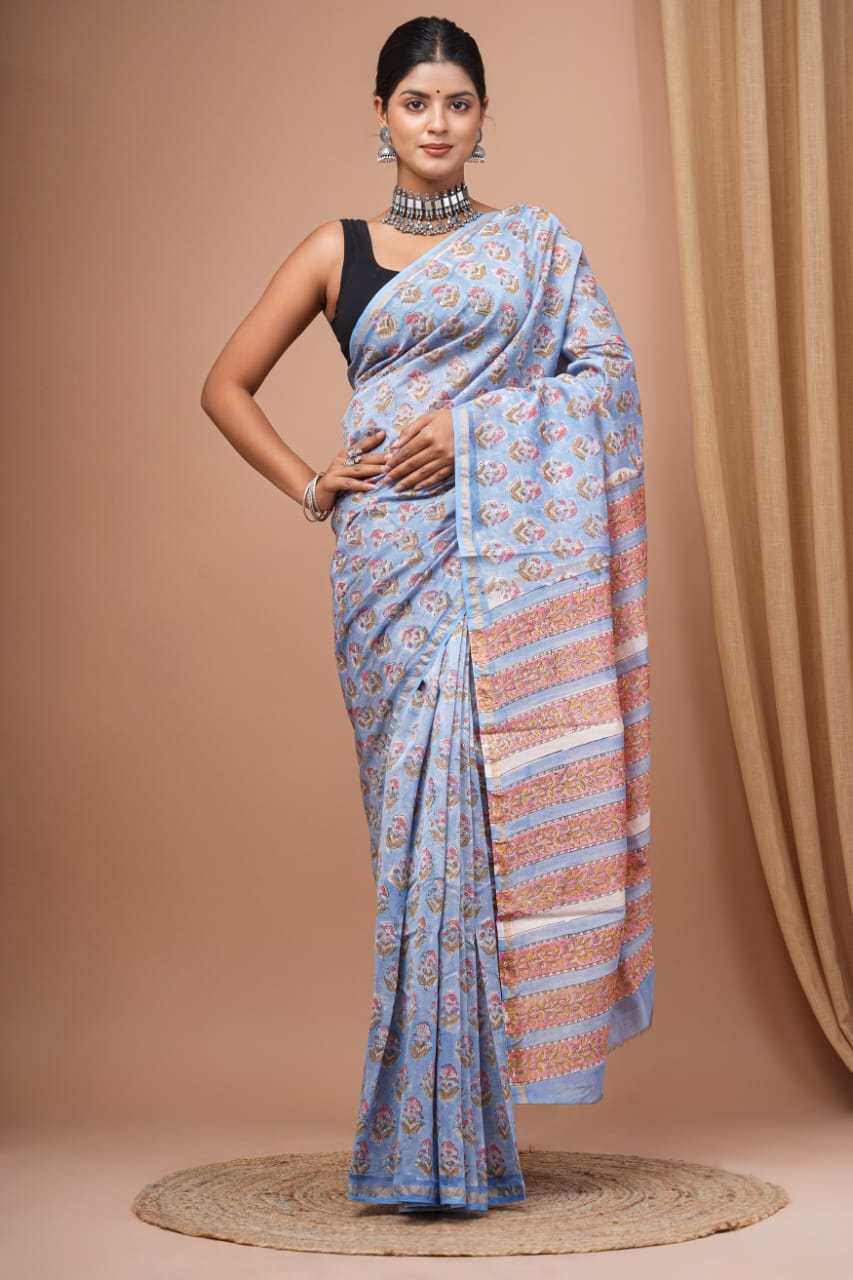 Summer inspired block printed Chanderi Silk saree