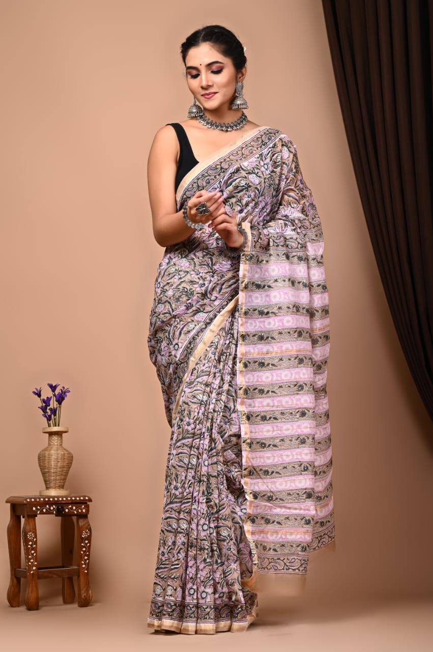 Floral Mughal block printed Chanderi Silk saree