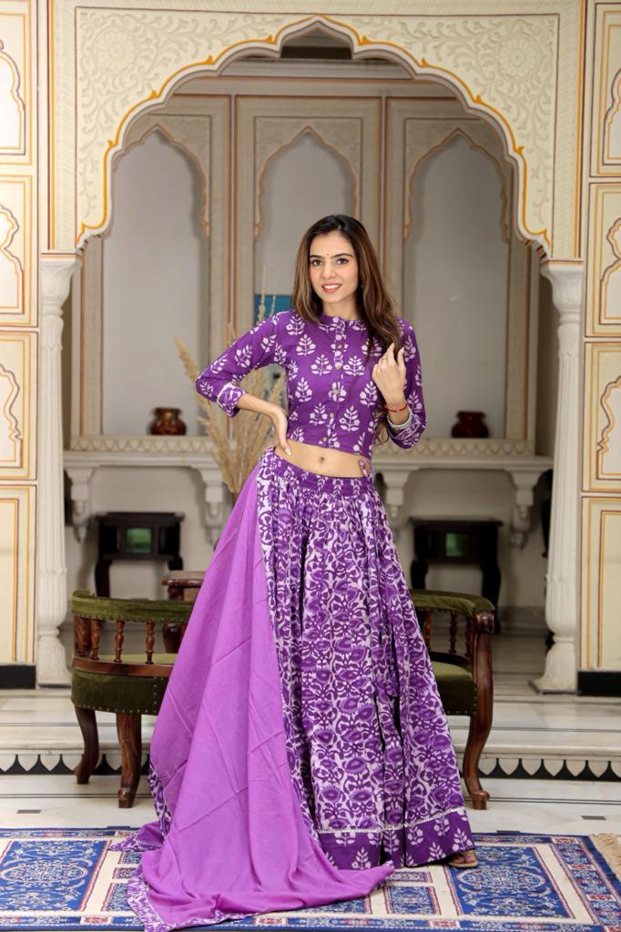 Floral Mul Cotton Lehenga Set in purple