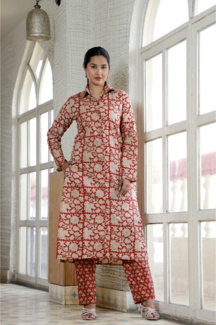 Brick shade Cotton Shirt Collar Kurta Pant Set