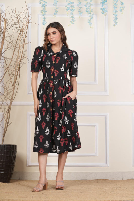 Peacock feather printed Cotton dress,Feather prints, Pure cotton Dress, sustainable dresses, Hand loom dresses, Indigo dresses, Block printed Dress, Monson Dresses, Gerua dress, , feather printed Dress, Puffed sleeve dress, Matte Red cotton dress, Orange dress, Pocket dress, One piece Dress,  Cotton Dress,  Collar dress,, Summer dress, , Kalamkari Dress