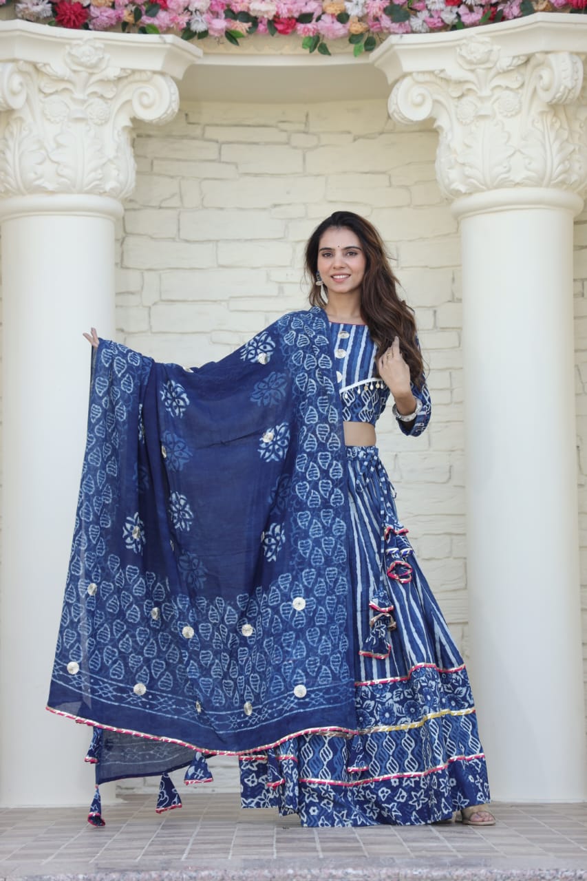 Indigo Striped Mul Cotton Lehenga set 