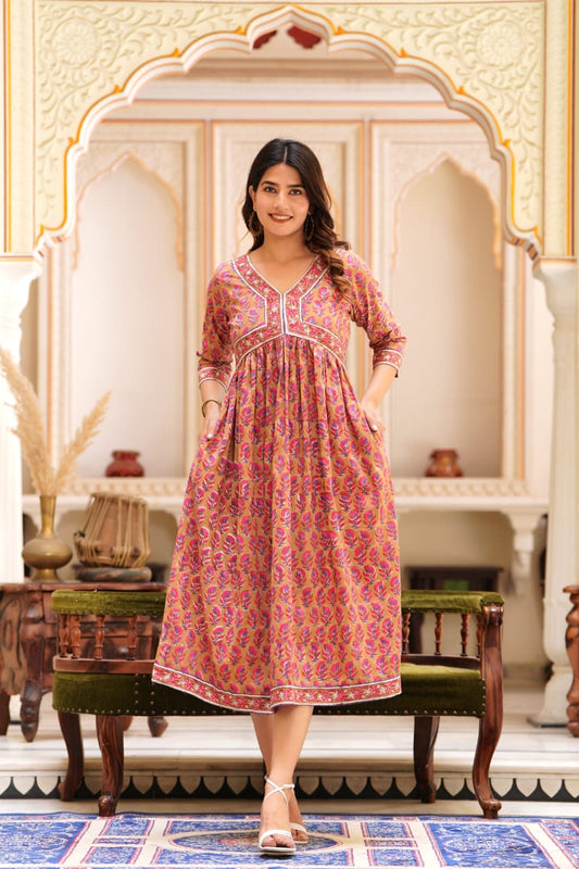 Marigold Pink print Mul Cotton Dress