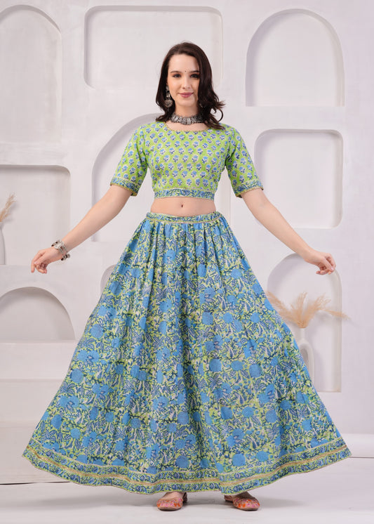 Hydrangea green Mul Cotton Lehenga Set