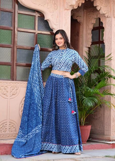 Navratri Mul Cotton Comfort Fit indigo Lehenga Set