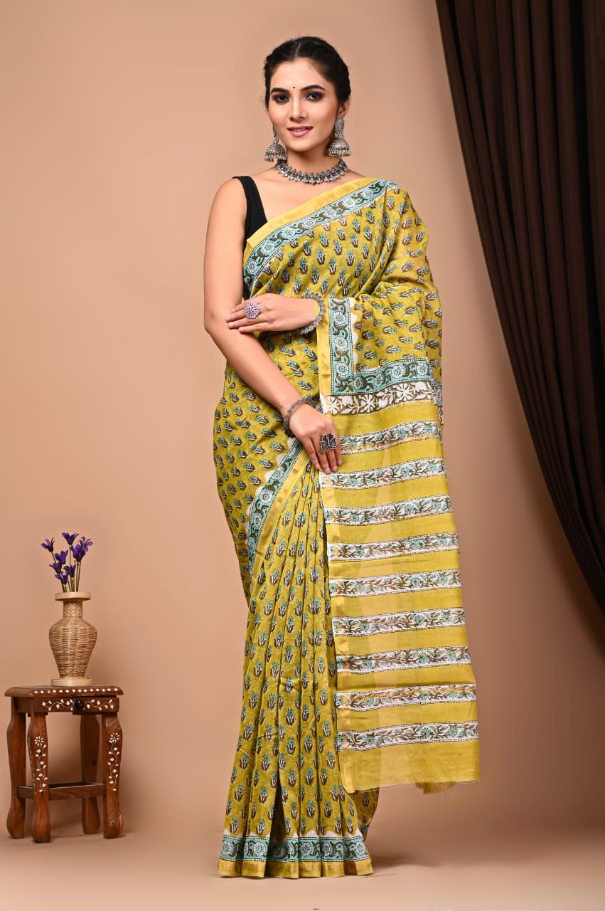 Yellow Floral block printed Chanderi Silk saree