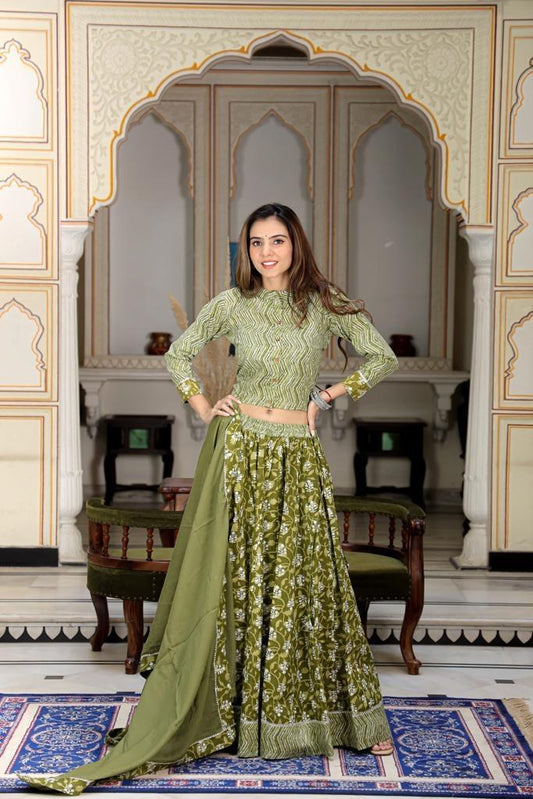 Olive Mul Cotton Lehenga Set