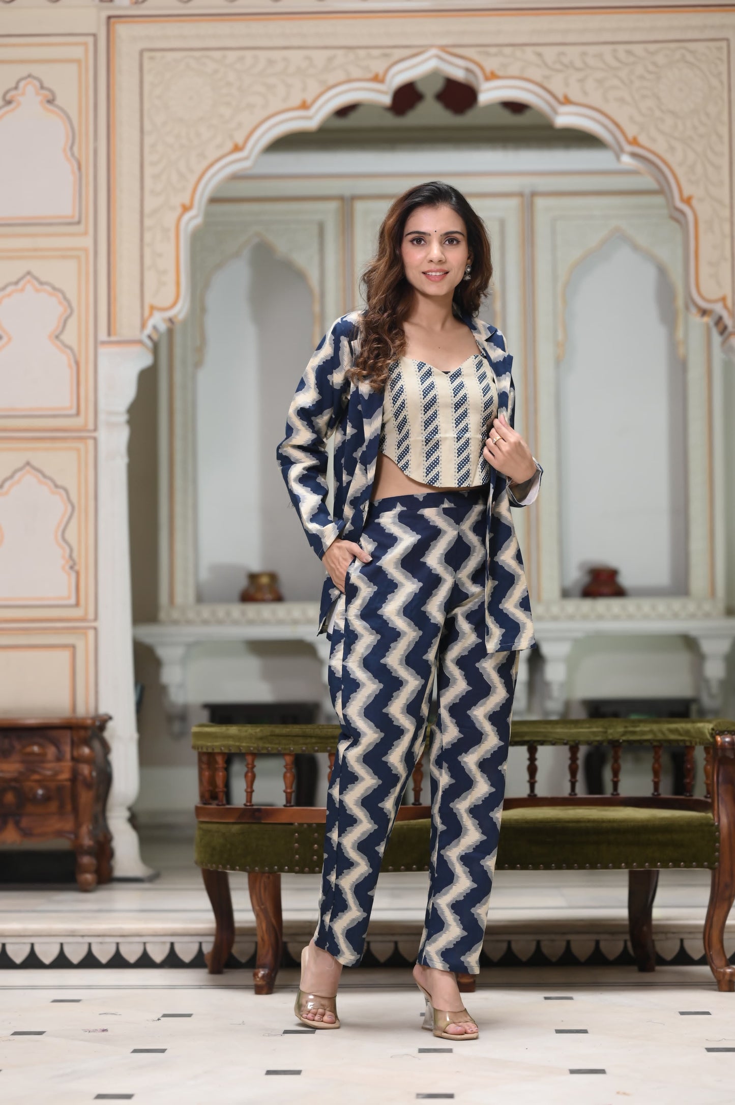 Quirky Zig Zag Coat & Trousers Set For Women