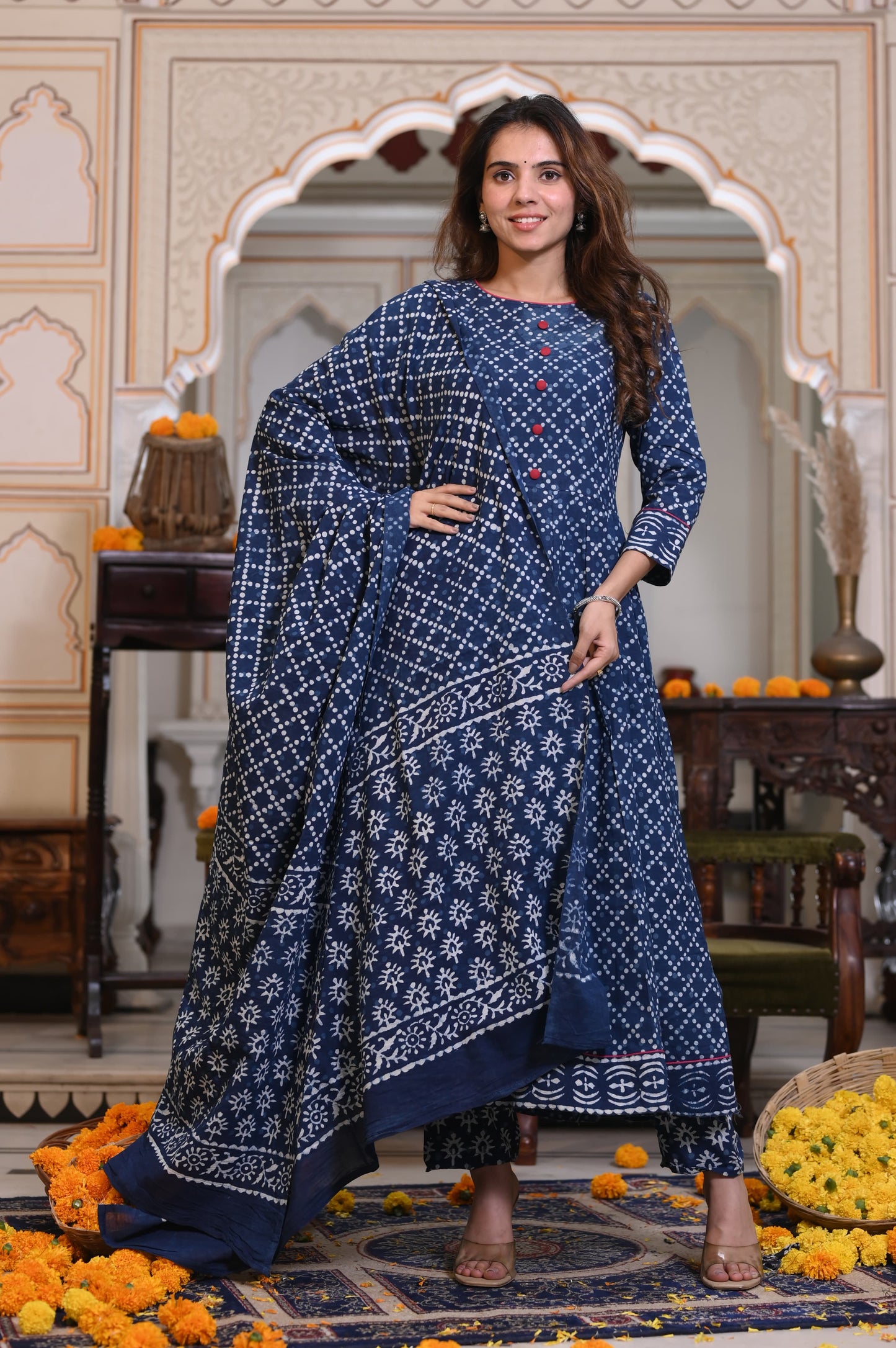 Indigo Ajrakh Mul Cotton Anarkali Suits