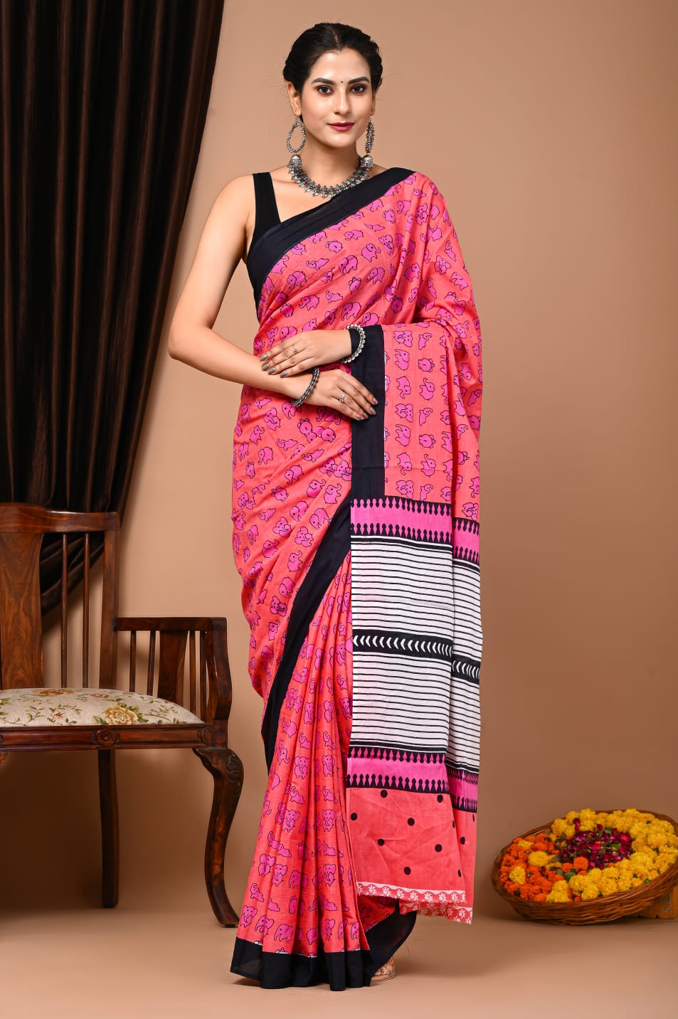 Peach Mul Cotton saree 