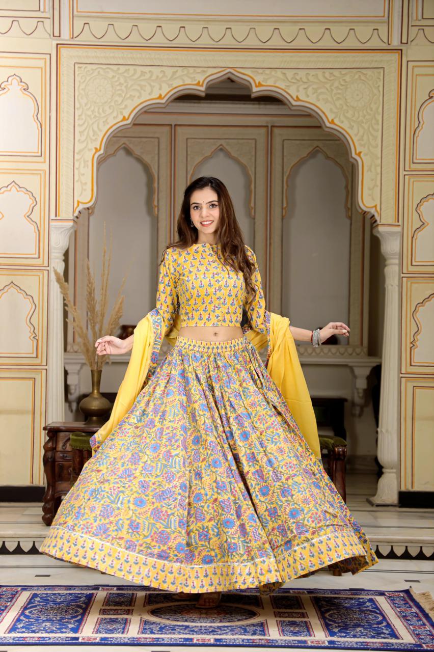 Pastel yellow Mul Cotton Lehenga Set