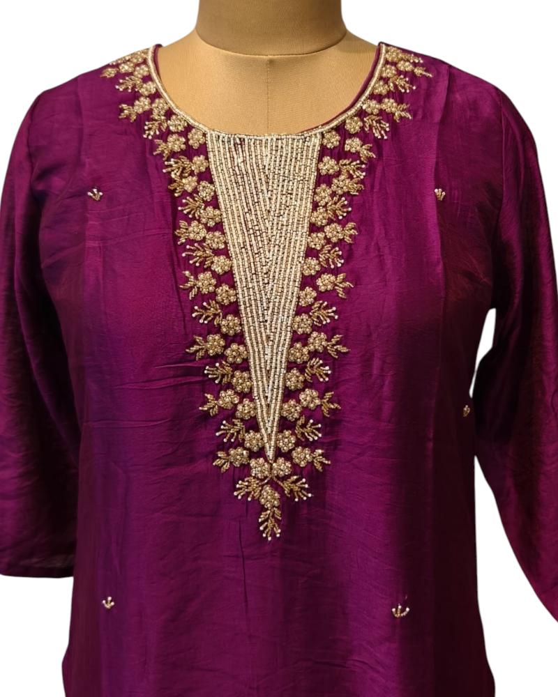 Plum Silk Kurti V work