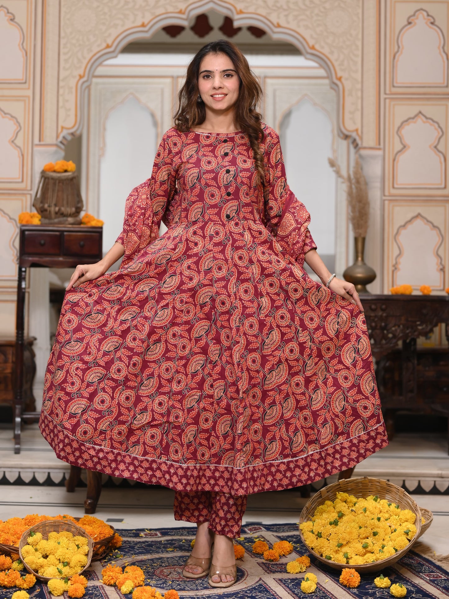 Brick red Ajrakh Mul Cotton Anarkali Suits